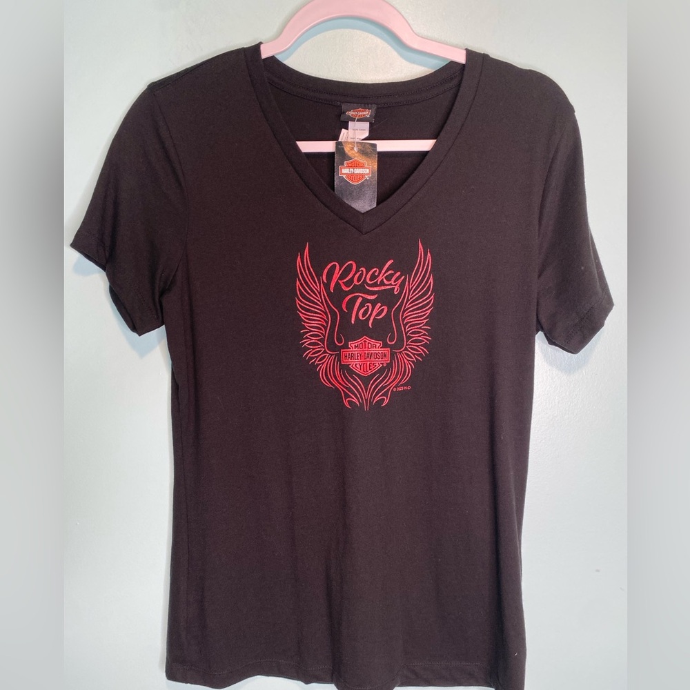 Harley-Davidson Rocky Top TN Women’s Black V-Neck Graphic T-Shirt Size M NWT